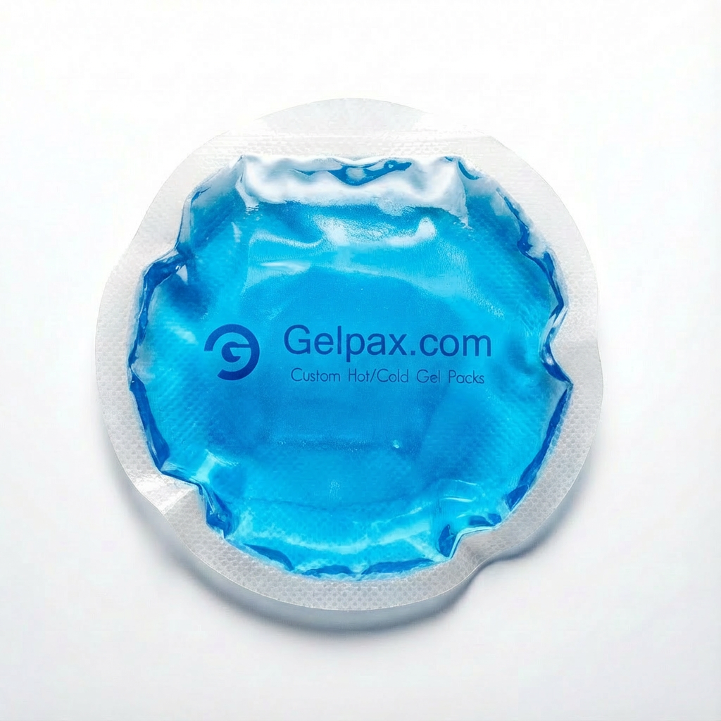 4-inch round blue gel ice pack with custom logo printing