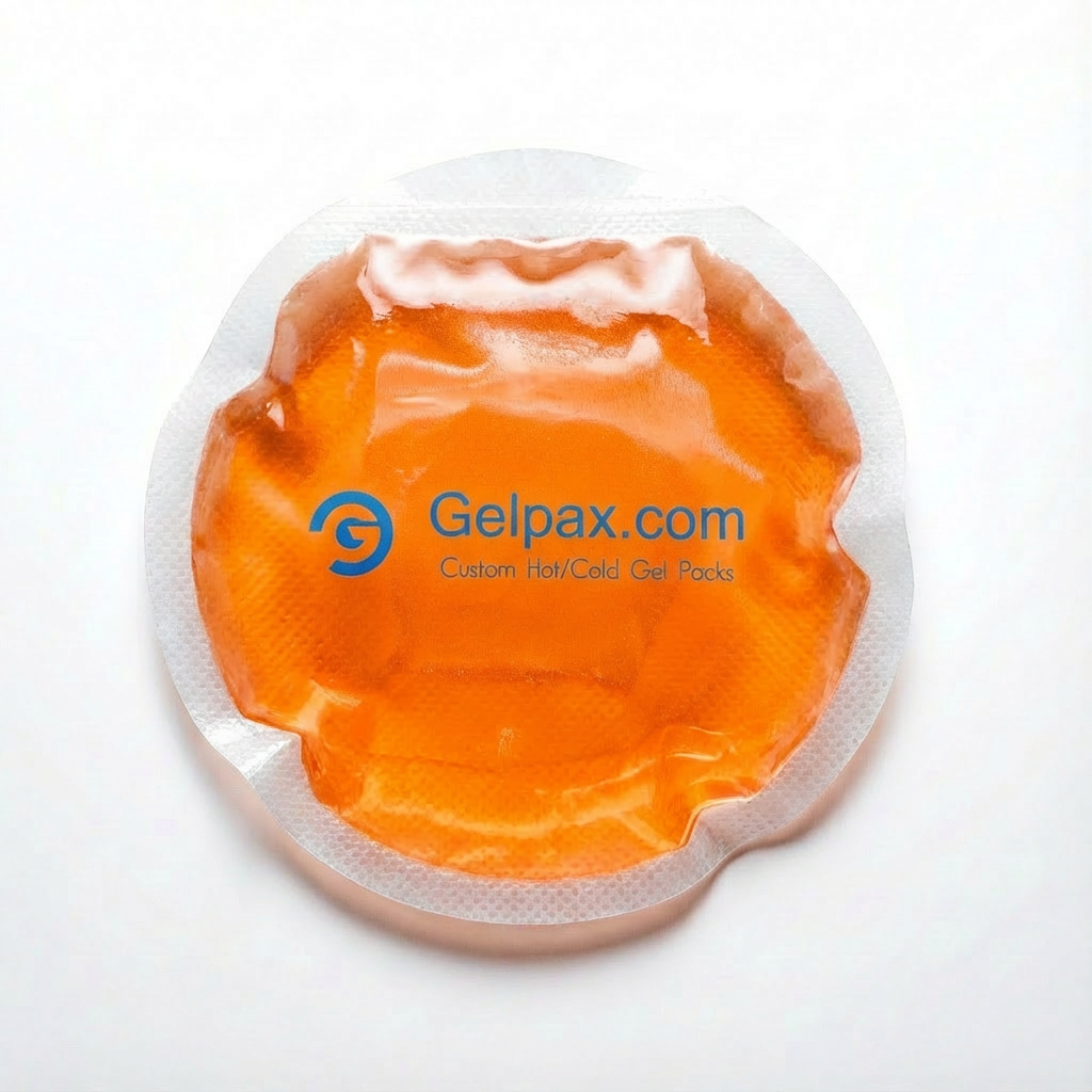 4-inch round orange gel ice pack with custom logo printing