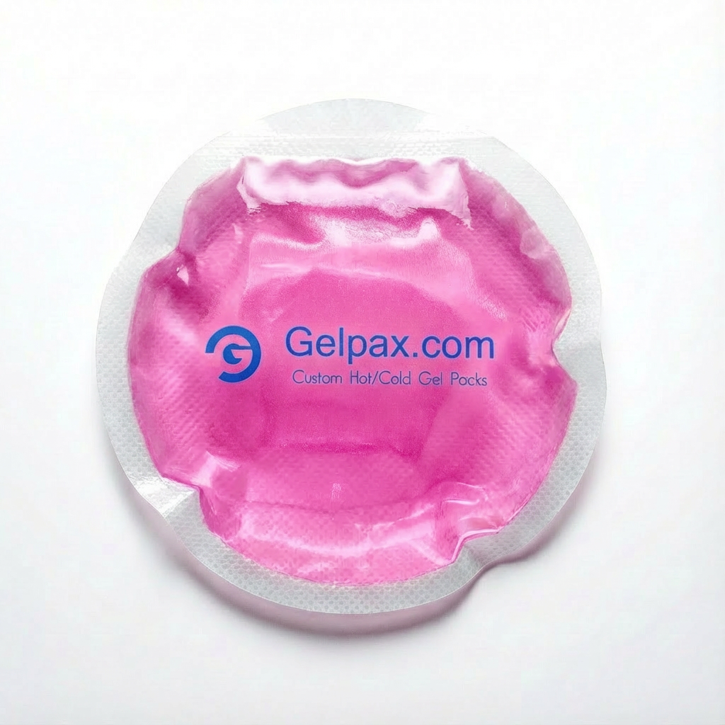 4-inch round pink gel ice pack with custom logo printing
