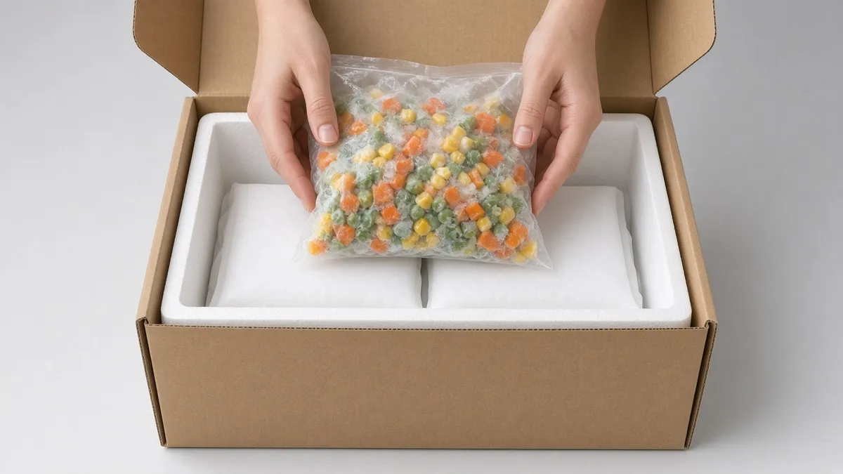 Packing frozen food into an EPS foam cooler inside a corrugated shipping box