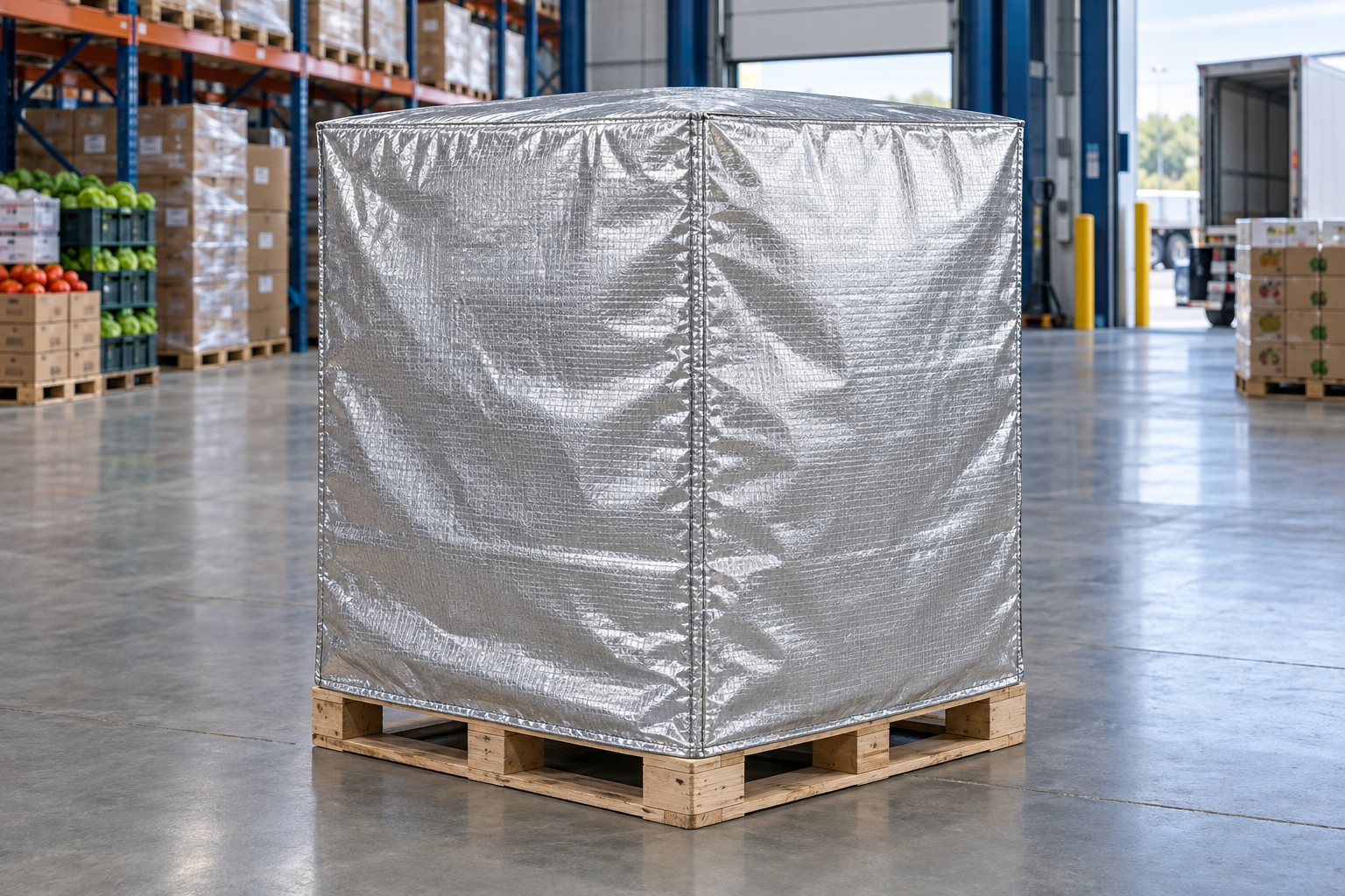 Illustration of an insulated pallet in a food-shipping warehouse