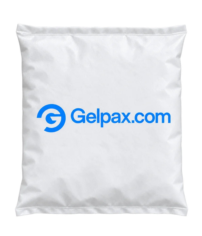 Matte white non-woven shipping gel pack with GelPax logo