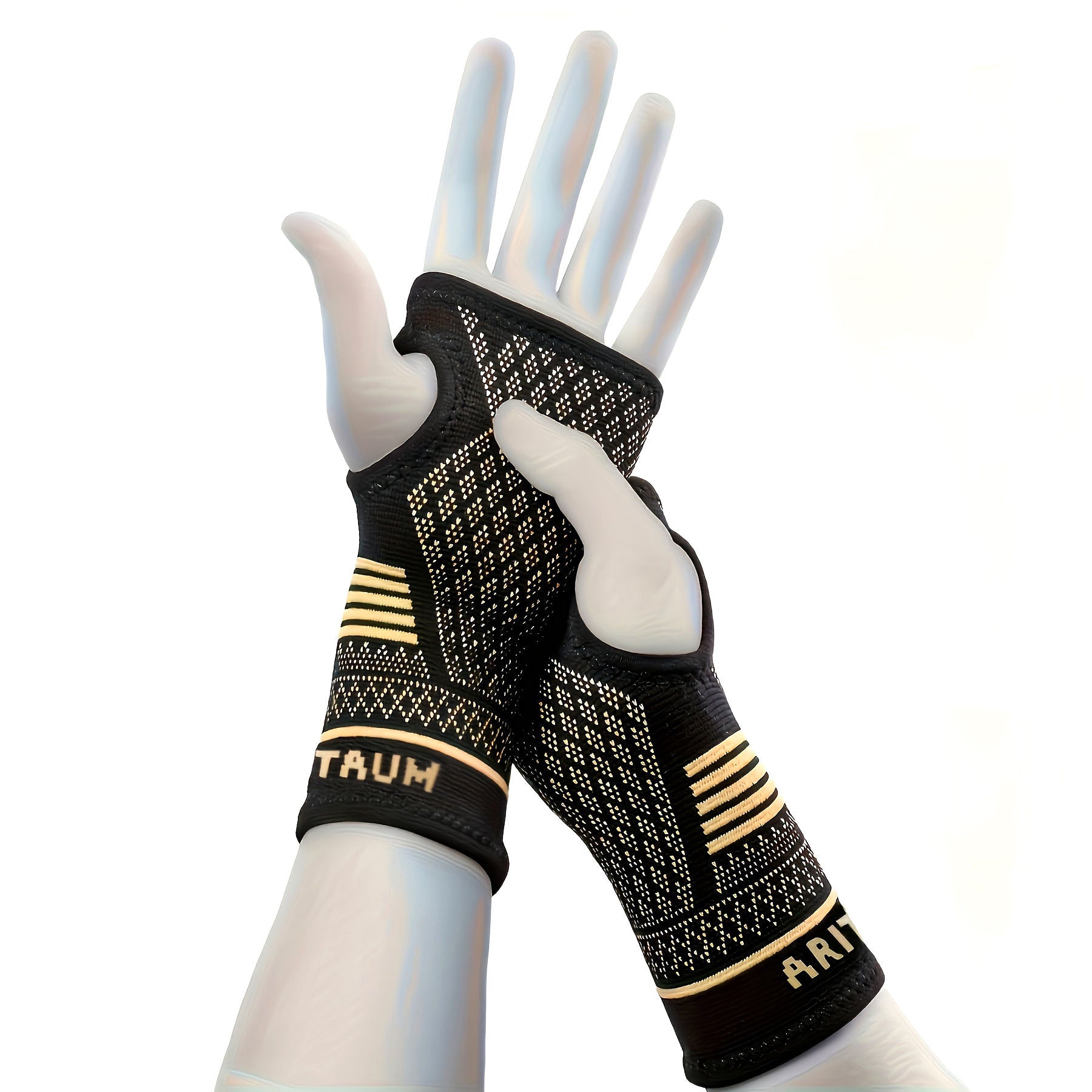 Pair of black and gold wrist compression sleeves showing the thumb opening and knit construction