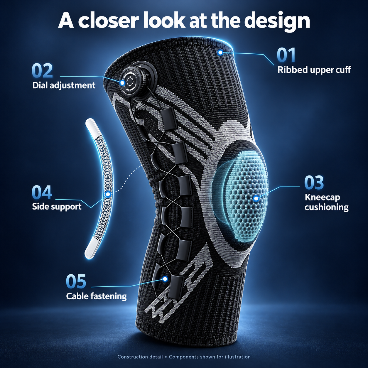Black dial-adjust knee sleeve construction graphic with upper cuff, dial, kneecap cushioning, side support and cable fastening callouts