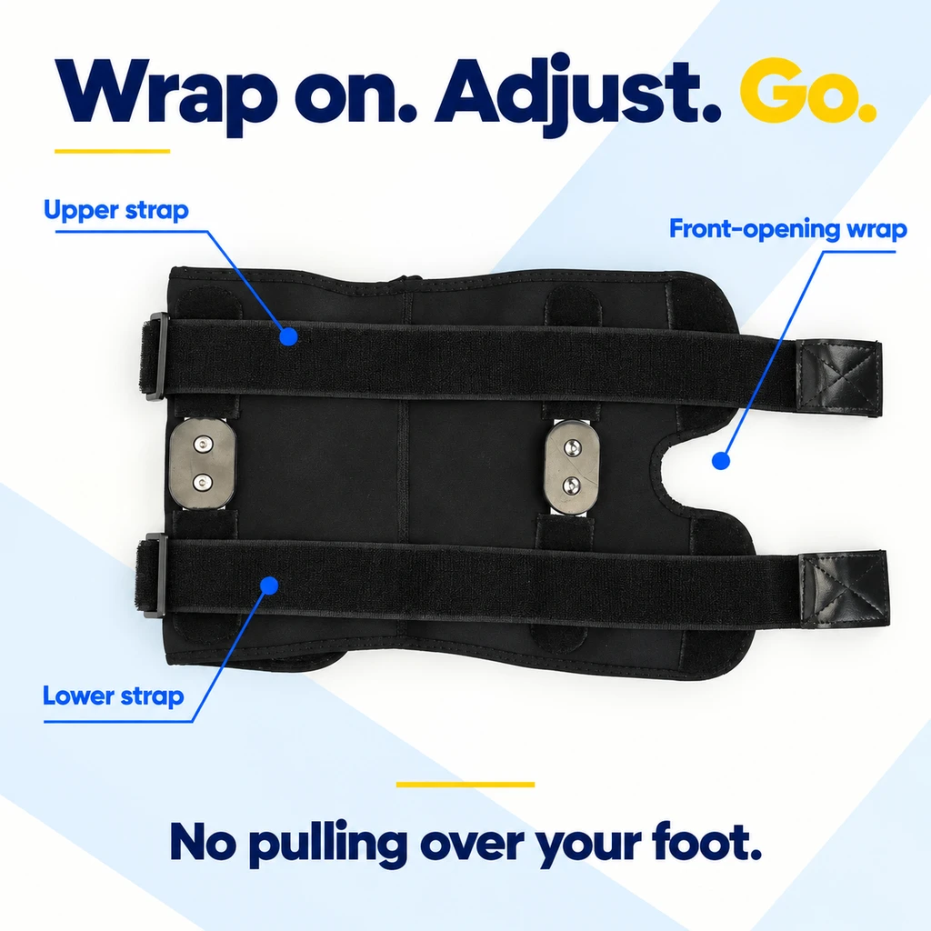 Opened brace showing the upper strap, lower strap and front-opening wrap