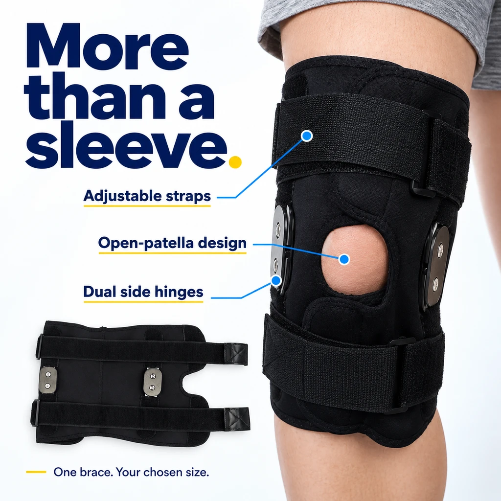 Black knee brace with adjustable straps, open-patella design and dual side hinges