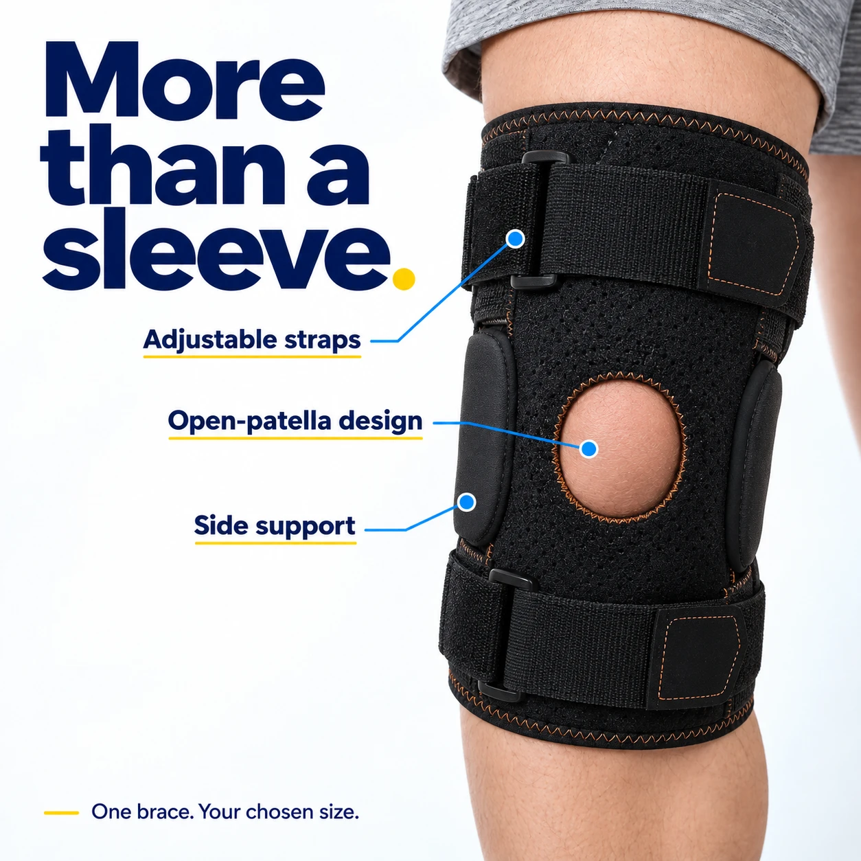 Black leaf-spring knee brace with gold edging, adjustable straps and open patella