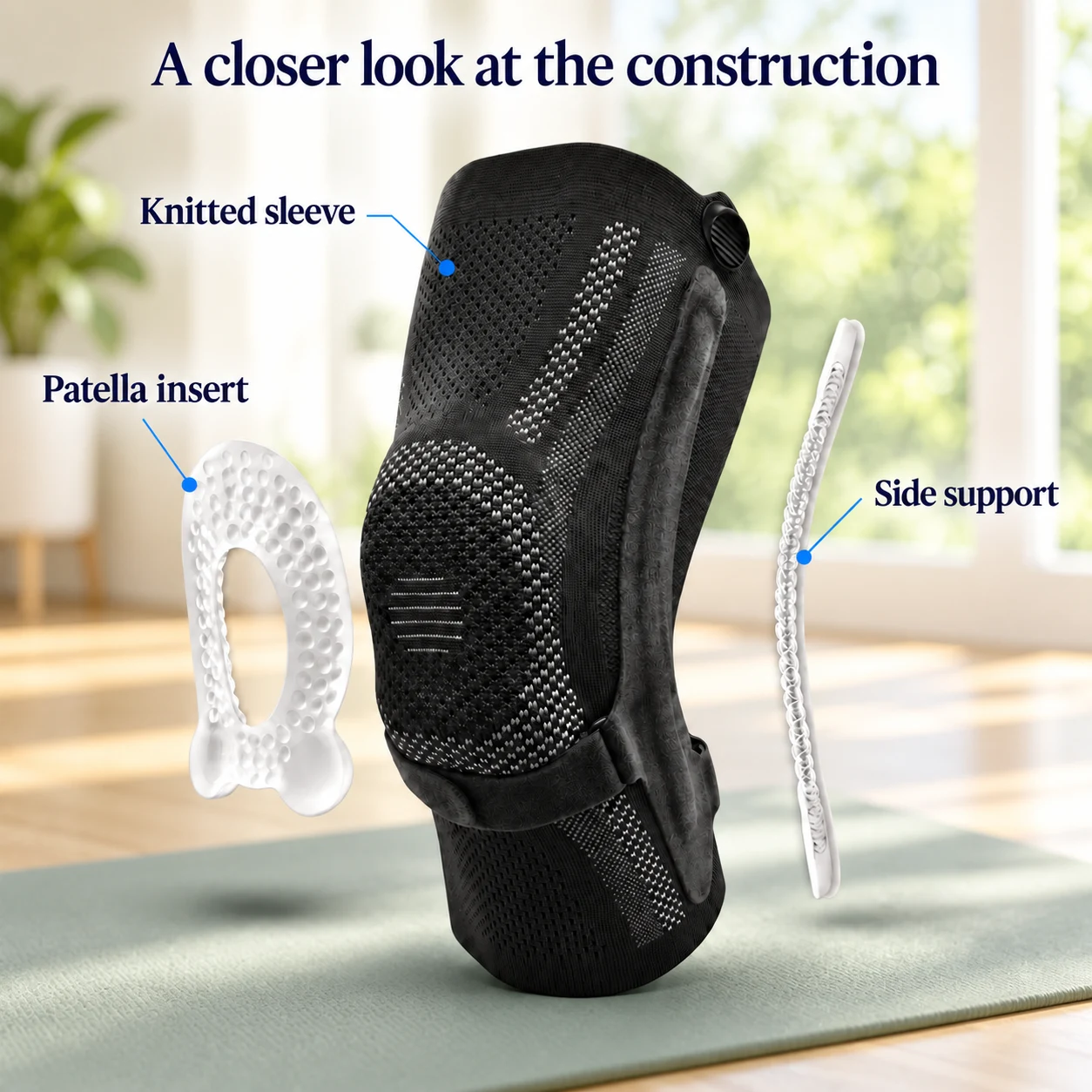 Construction view showing the knitted sleeve, patella insert and side support against a sunlit home exercise setting