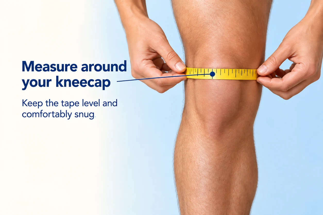 Tape wrapped level around a bare knee, across the center of the kneecap