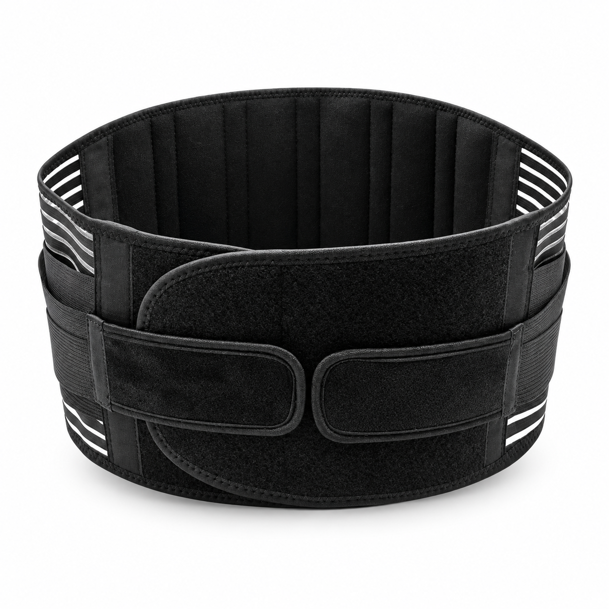 Black reinforced lumbar belt with overlapping front closure, outer pull tabs and striped side elastic on white
